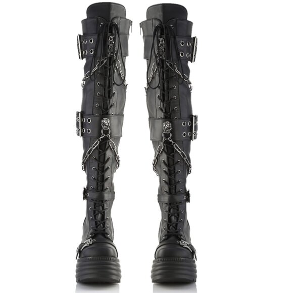 Demonia Morty Thigh High Platform Goth Punk Rocker Boots Stretch Big Buckles - Picture 7 of 10